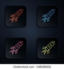Color neon line Rocket ship with fire icon isolated on black background. Space travel. Set icons in square buttons. Vector Illustration