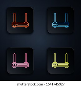 Color neon line Router and wi-fi signal symbol icon isolated on black background. Wireless ethernet modem router. Computer technology internet. Set icons in square buttons. Vector Illustration