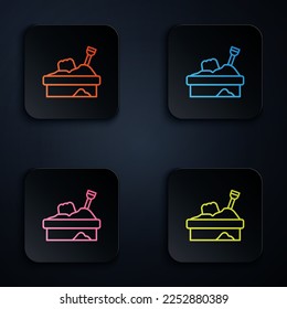 Color neon line Sandbox with sand icon isolated on black background. Set icons in square buttons. Vector