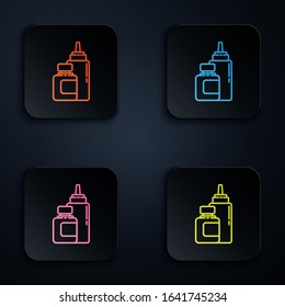 Color neon line Sauce bottle icon isolated on black background. Ketchup, mustard and mayonnaise bottles with sauce for fast food. Set icons in square buttons. Vector Illustration