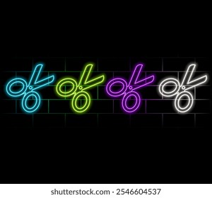 Color neon line Scissors icon isolated on black background. Cutting tool sign. Set icons in square buttons. Vector Illustration.