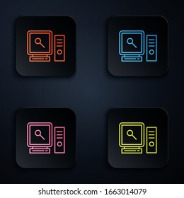 Color neon line Buscar en el icono de pantalla del equipo aislado en fondo negro. Pantalla y lupa. Establecer iconos en botones cuadrados. Ilustración vectorial