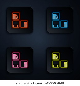 Color neon line Shelf with books icon isolated on black background. Shelves sign. Set icons in square buttons. Vector