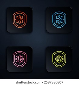 Color neon line Shield protecting from virus, germs and bacteria icon isolated on black background. Immune system concept. Corona virus 2019-nCoV. Set icons in square buttons. Vector