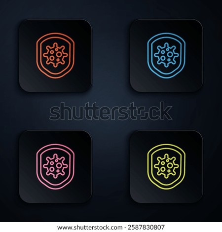 Color neon line Shield protecting from virus, germs and bacteria icon isolated on black background. Immune system concept. Corona virus 2019-nCoV. Set icons in square buttons. Vector