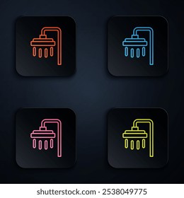Color neon line Shower head with water drops flowing icon isolated on black background. Set icons in square buttons. Vector