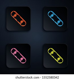 Color neon line Skateboard trick icon isolated on black background. Extreme sport. Sport equipment. Set icons in colorful square buttons. Vector Illustration