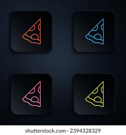 Color neon line Slice of pizza icon isolated on black background. Fast food menu. Set icons in square buttons. Vector