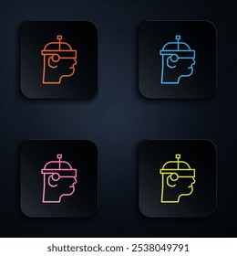 Color neon line Smart glasses mounted on spectacles icon isolated on black background. Wearable electronics smart glasses with camera and display. Set icons in square buttons. Vector