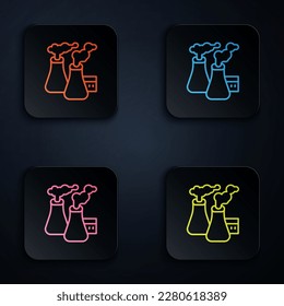 Color neon line Smoke from factory icon isolated on black background. Environmental pollution problem, smoke pipes of factory, ecology industrial harm. Set icons in square buttons. Vector