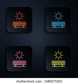 Color neon line Solar energy panel and sun icon isolated on black background. Set icons in square buttons. Vector Illustration