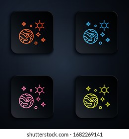 Color neon line Space and planet icon isolated on black background. Planets surface with craters, stars and comets. Set icons in square buttons. Vector Illustration