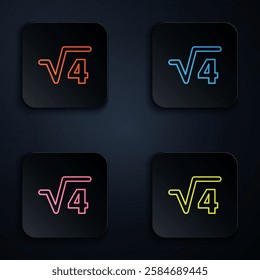 Color neon line Square root of 4 glyph icon isolated on black background. Mathematical expression. Set icons in square buttons. Vector