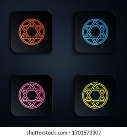 Color neon line Star of David icon isolated on black background. Jewish religion symbol. Symbol of Israel. Set icons in square buttons. Vector Illustration