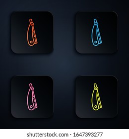 Color neon line Straight razor icon isolated on black background. Barbershop symbol. Set icons in square buttons. Vector Illustration