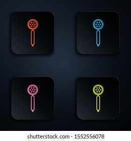 Color neon line Strainer spoon icon isolated on black background. Set icons in colorful square buttons. Vector Illustration