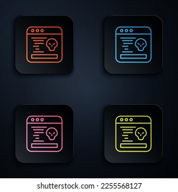 Color neon line System bug concept icon isolated on black background. Code bug concept. Bug in the system. Bug searching. Set icons in square buttons. Vector