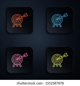 Color neon line Target with arrow icon on white background. Dart board sign. Archery board icon. Dartboard sign. Business goal concept. Set icons in colorful square buttons. Vector Illustration