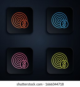 Color neon line Target with dollar symbol icon isolated on black background. Investment target icon. Successful business concept. Cash or Money. Set icons in square buttons. Vector Illustration