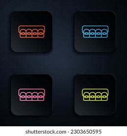 Color neon line Teeth with braces icon isolated on black background. Alignment of bite of teeth, dental row with with braces. Dental concept. Set icons in square buttons. Vector Illustration