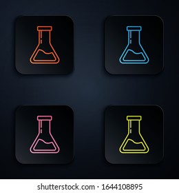 Color neon line Test tube and flask - chemical laboratory test icon isolated on black background. Laboratory glassware sign. Set icons in square buttons. Vector Illustration