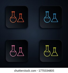 Color neon line Test tube and flask icon isolated on black background. Chemical laboratory test. Laboratory glassware. Set icons in square buttons. Vector Illustration