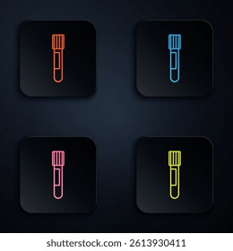 Color neon line Test tube and flask chemical laboratory test icon isolated on black background. Laboratory glassware sign. Set icons in square buttons. Vector
