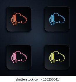 Color neon line Thermometer and cloud icon isolated on black background. Set icons in colorful square buttons. Vector Illustration