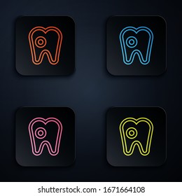 Color neon line Tooth with caries icon isolated on black background. Tooth decay. Set icons in square buttons. Vector Illustration