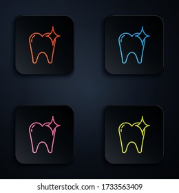 Color neon line Tooth whitening concept icon isolated on black background. Tooth symbol for dentistry clinic or dentist medical center. Set icons in square buttons. Vector Illustration