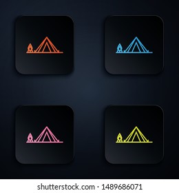 Color neon line Tourist tent with wood fire icon isolated on white background. Camping symbol. Set icons in colorful square buttons. Vector Illustration