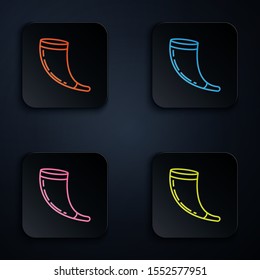 Color neon line Traditional ram horn, shofar icon isolated on black background. Rosh hashanah, jewish New Year holiday traditional symbol. Set icons in colorful square buttons. Vector Illustration