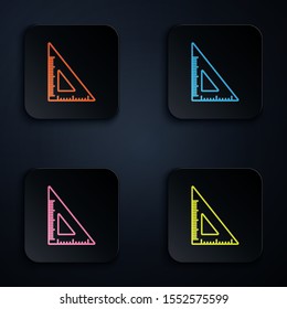 Color neon line Triangular ruler icon isolated on black background. Straightedge symbol. Geometric symbol. Set icons in colorful square buttons. Vector Illustration
