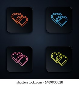 Color neon line Two Linked Hearts icon isolated on white background. Romantic symbol linked, join, passion and wedding. Valentine day symbol. Set icons in colorful square buttons. Vector Illustration