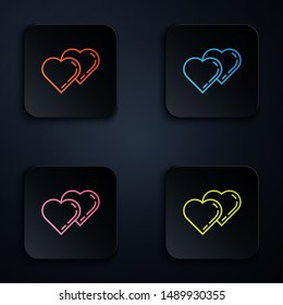 Color neon line Two Linked Hearts icon isolated on white background. Romantic symbol linked, join, passion and wedding. Valentine day symbol. Set icons in colorful square buttons. Vector Illustration