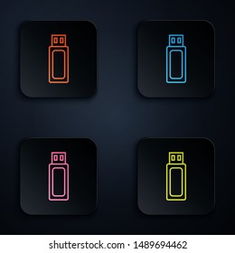 Color neon line USB flash drive icon isolated on white background. Set icons in colorful square buttons. Vector Illustration