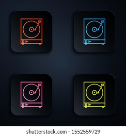 Color neon line Vinyl player with a vinyl disk icon isolated on black background. Set icons in colorful square buttons. Vector Illustration