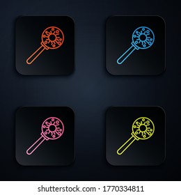 Color neon line Virus under magnifying glass icon isolated on black background. Corona virus 2019-nCoV. Bacteria and germs, microbe, fungi. Set icons in square buttons. Vector Illustration