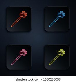 Color neon line Walking stick icon isolated on black background. Happy Saint Patricks day. Set icons in colorful square buttons. Vector Illustration