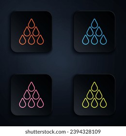 Color neon line Water drop icon isolated on black background. Set icons in square buttons. Vector