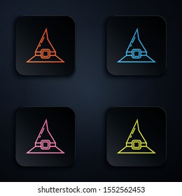 Color neon line Witch hat icon isolated on black background. Happy Halloween party. Set icons in colorful square buttons. Vector Illustration