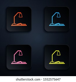 Color neon line Workplace with table lamp and open book icon isolated on black background. Table office lamp. Set icons in colorful square buttons. Vector Illustration