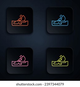 Color neon line Wrecked oil tanker ship icon isolated on black background. Oil spill accident. Crash tanker. Pollution Environment concept. Set icons in square buttons. Vector