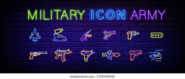 Color neon linear icon set for war game isolated on dark background. Set icons for online games, cyber sports vector illustration