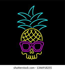 Color neon skull pineapple with sunglasses black background