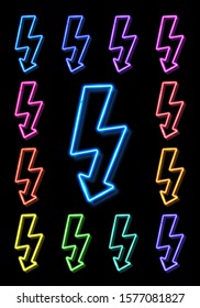 Color neon thunderbolt icon set on black background. Light streak arrow. Glowing 3d lightning bolt. Abstract electricity storm symbol. Electric shock thunders sign. Thunderstorm vector illustration.