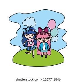 color nice girls children with balloons in the landscape