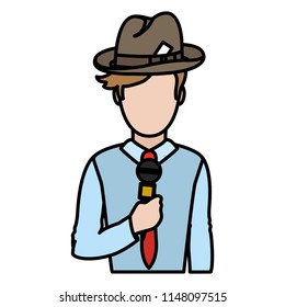 color nice journalist with hat and elegant clothes