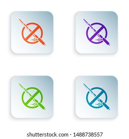 Color No fishing icon isolated on white background. Prohibition sign. Set icons in colorful square buttons. Vector Illustration