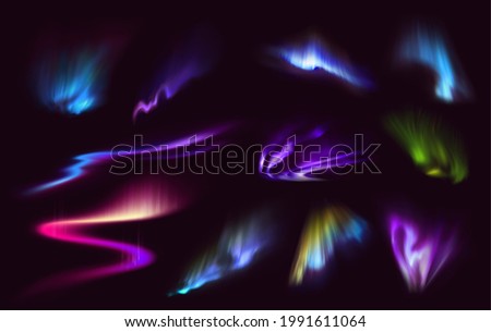 Color northern polar lights glow on night sky vector background. Realistic 3d aurora borealis or polaris with shining arcs, rays and crowns of blue, purple and pink Arctic lights or auroras